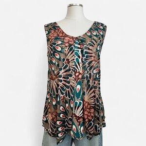 boho earthtones flowy sleeveless scoop neck sheer layer tunic blouse top | sz l